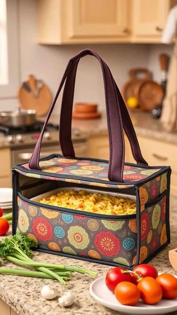 A colorful casserole dish carrier with handles, holding a casserole dish, on a kitchen countertop.